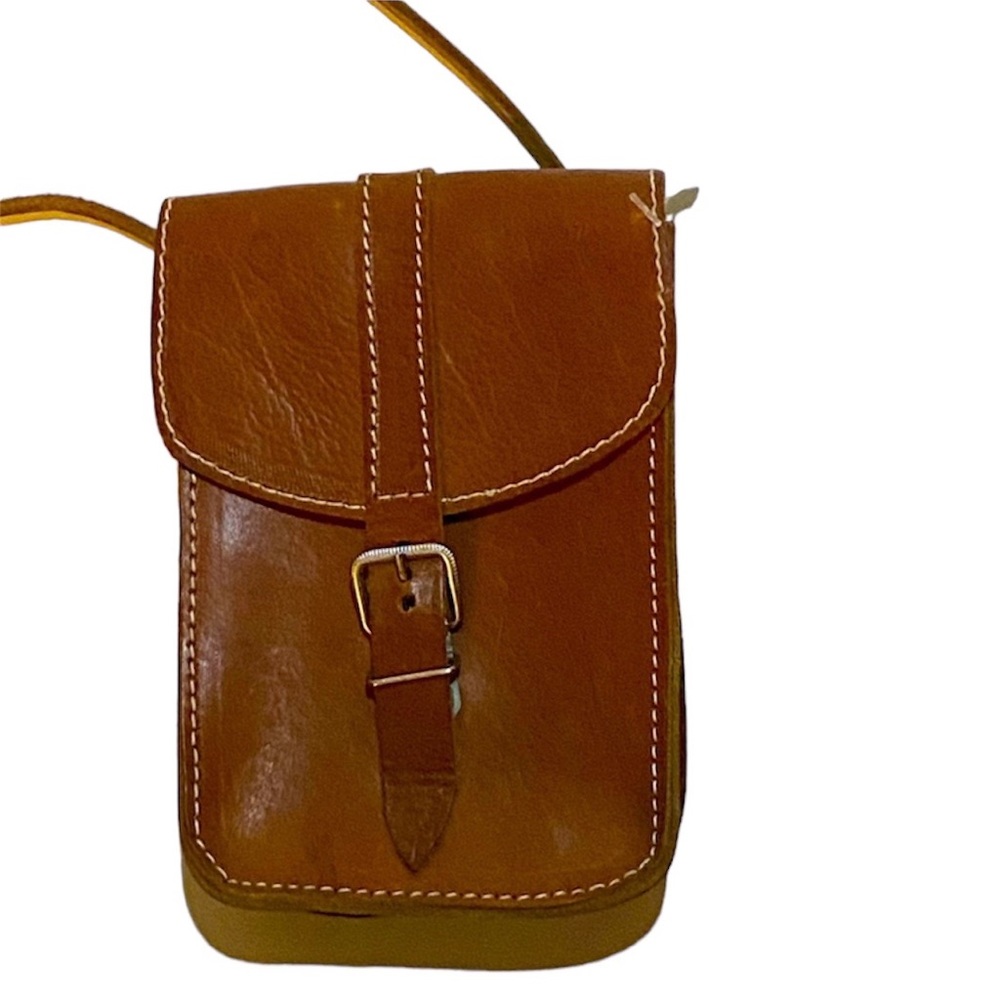 Vintage Brown mini leather side bag with belt buckle loop.